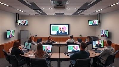 A vibrant virtual classroom setting with multiple pods, each led by a tutor interacting with students on screens, displaying a collaborative and engaging learning environment.