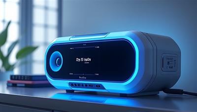 An innovative image featuring a sleek smart home device prototype with futuristic design elements, integrated with a smart speaker and lighting system, showcasing the potential of custom IoT solutions created by SmartTech Forge.
