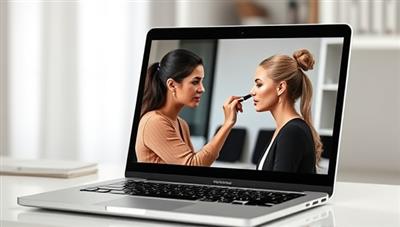 A laptop screen displaying a virtual makeup consultation session with a professional makeup artist guiding a client through a step-by-step makeup tutorial, showcasing expertise and interaction in a digital format.