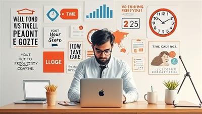 An inspiring image of a remote productivity coach guiding clients through virtual consultations, surrounded by motivational quotes, productivity tools, and time management visuals, fostering a sense of focus, motivation, and progress in personal and professional productivity coaching.