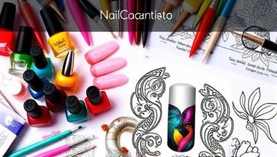 An artistic display of colorful nail polish bottles, nail art tools, and intricate nail designs on a digital canvas, showcasing the creativity and versatility of virtual nail art experiences offered by NailCanvas Studio.