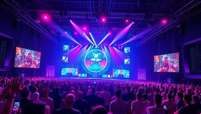 A vibrant virtual music festival environment with multiple stages, colorful lighting effects, and enthusiastic virtual crowds enjoying live performances from various artists, creating a dynamic and immersive music experience that transcends physical boundaries.