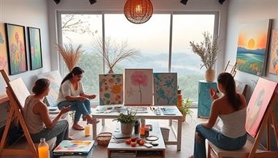 A tranquil virtual art studio setting with participants engaging in expressive art activities, surrounded by colorful art supplies, soothing background music, and tranquil nature visuals, creating a peaceful and therapeutic environment for emotional healing and self-expression.