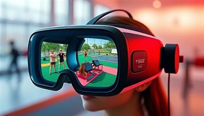 An AR headset displaying a virtual fitness landscape with interactive workout stations, fitness challenges, and virtual trainers guiding users through immersive and gamified fitness experiences, combining technology and exercise in a dynamic setting.