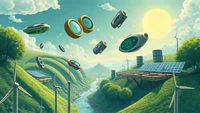 An artistic illustration of a green-tech wonderland with futuristic and sustainable gadgets floating in the air, surrounded by lush greenery and renewable energy sources, representing the innovative and eco-friendly offerings of EcoGizmo Crate.