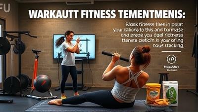 A motivational image of a virtual fitness trainer guiding a client through an intense workout session via video call, surrounded by fitness equipment, healthy snacks, and progress tracking tools, inspiring a sense of commitment and transformation in virtual fitness training.