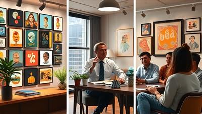 A digital art gallery showcasing various NFTs, a consultant discussing investment strategies with a client in a cozy office setting, and a diverse group of art enthusiasts attending an NFT investment workshop, conveying expertise and creativity in the NFT space.