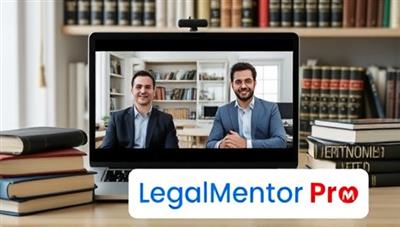 An image of a virtual mentorship session with a mentor and mentee on a video call discussing legal career development, surrounded by legal books and a LegalMentor Pro logo, illustrating a supportive and professional mentorship environment for aspiring legal professionals.