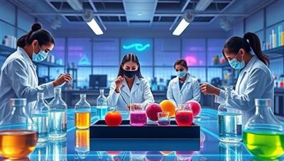 An immersive visualization of a virtual science lab environment with digital equipment, test tubes, and interactive experiments being conducted by diverse avatars, showcasing a cutting-edge and engaging approach to hands-on science education.