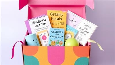 An artistic representation of a colorful subscription box filled with mindfulness tools, relaxation aids, positive affirmation cards, and wellness guides, designed to evoke a sense of calm and joy for teens exploring self-care practices.