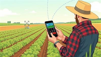 An illustration of a farmer checking a smartphone app displaying real-time data on weather conditions, soil moisture, and crop health, with IoT sensors visible in the field, highlighting the efficiency and convenience of IoT-based agricultural monitoring systems for precision farming.