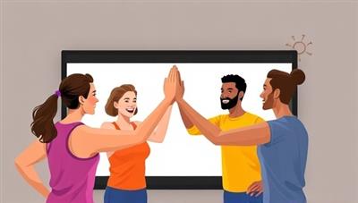 An illustration of diverse individuals virtually high-fiving each other on a workout screen, symbolizing the supportive and motivating community fostered by FitConnect.