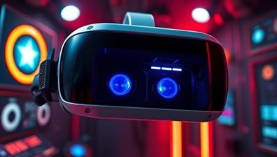 An exciting virtual reality headset with a futuristic design, surrounded by digital elements hinting at a mysterious escape room scenario, capturing the essence of immersive entertainment.