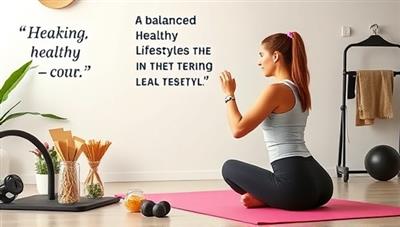An inspiring visual of a legal professional engaging in a virtual fitness session with a coach, surrounded by motivational quotes, healthy snacks, and workout equipment, promoting a balanced and healthy lifestyle in the legal industry through personalized coaching and support.