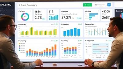 A digital marketing dashboard displaying real-time campaign metrics, audience engagement data, and conversion rates, with a team of marketing experts analyzing the results and strategizing for optimization, showcasing the consultancy's data-driven approach and expertise in digital marketing.