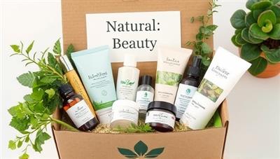 An assortment of beautifully packaged eco-friendly beauty products arranged in a recyclable box, surrounded by greenery and sustainable packaging materials, conveying a message of natural beauty and environmental consciousness.
