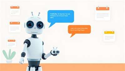 An animated scene showing a chatbot conversing with a candidate and an employer to schedule an interview, with calendar icons and notification alerts in the background, symbolizing the automated and seamless interview scheduling process facilitated by InterviewSync's virtual assistant service.