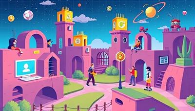 An imaginative representation of a virtual coding world with avatars completing coding quests, earning badges, and collaborating on coding projects in a dynamic and gamified coding bootcamp environment, fostering a fun and interactive learning experience.