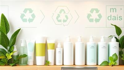 An eco-conscious visual featuring a series of sustainable beauty product refill stations with rows of refillable containers for skincare creams, shampoo bottles, and body wash dispensers, surrounded by green plant accents and recycling symbols, highlighting a modern and eco-friendly beauty refill service concept.