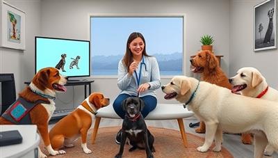 A virtual pet training session scene with a trainer guiding pet owners through obedience exercises and behavior training on their screens, surrounded by happy and well-behaved pets, showcasing harmony and learning in the virtual pet training environment.