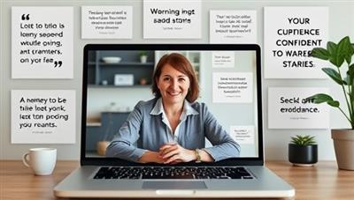 A virtual career coaching session with a professional mentor providing advice on a laptop screen, surrounded by motivational quotes, career resources, and success stories, instilling confidence and guidance for clients seeking career advancement.