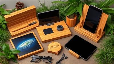 A collection of sleek and modern tech accessories made from bamboo and recycled materials, arranged in a nature-inspired setup with greenery and earthy tones, conveying a sense of eco-consciousness and sophistication.