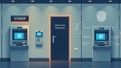 An illustration showing a secure banking environment with biometric scanners integrated into ATM machines and digital banking interfaces, highlighting the ease and sophistication of the biometric security system in action.