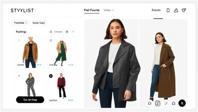 An AI-powered virtual stylist interface displaying outfit suggestions based on user preferences, with a sleek and modern design that appeals to fashion-forward individuals.