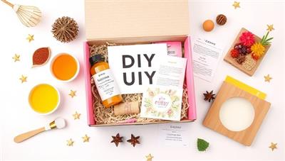 An aesthetically pleasing flat lay of a DIY beauty kit box with colorful ingredients, recipe cards, and attractive packaging, evoking a sense of creativity and self-care through DIY beauty crafting.