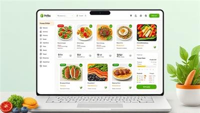 An artistic depiction of a digital meal planning platform interface displaying colorful and nutritious meal options, dietary recommendations, and interactive features for users to customize their meal plans and track their nutritional intake, conveying a sense of health-consciousness and personalized nutrition support provided by the subscription service.