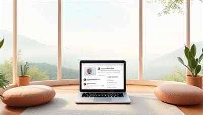 A peaceful virtual sanctuary with serene nature scenes, calming colors, meditation cushions, and a laptop displaying mindfulness exercises, therapy resources, and a peer support chat, creating a safe and supportive environment for mental wellness in the online platform.