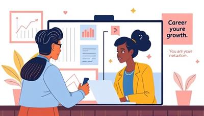 A digital illustration of a virtual mentorship session, showing a mentor and mentee engaged in a video call discussion, with career-related visuals and motivational quotes in the background, symbolizing guidance and professional growth.