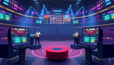 An illustration of a virtual arena with players competing in skill-based challenges, showcasing the intensity and strategic gameplay of the online betting games, with digital scoreboards and prizes displayed in the background.