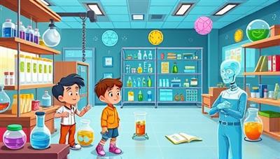 An animated scene featuring cartoon characters exploring a virtual laboratory filled with interactive STEM experiments and puzzles, showcasing the app's engaging and educational gameplay.