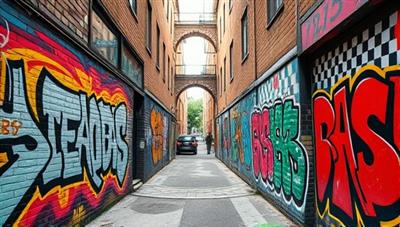 A dynamic urban alleyway transformed into a colorful and vibrant outdoor gallery of graffiti art showcasing various brands' artistic advertisements, blending seamlessly with the surrounding urban landscape, capturing the essence of UrbanCanvas Ads.