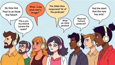 An illustration of a diverse group of people listening to various niche podcasts on their headphones, with thought bubbles showing their engagement and interest in the content, representing the targeted reach of PodSpot Connect's advertising network.