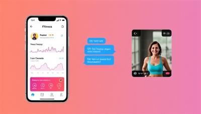 A mobile app interface displaying a user tracking their fitness progress, chatting with their virtual coach, and watching a live workout session, conveying convenience and motivation in one platform.