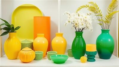 A collection of vibrant recycled plastic home decor items displayed in a modern and chic setting, highlighting the sleek design and environmental consciousness of the products, portraying elegance and sustainability in home styling.