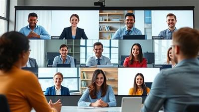 A virtual corporate training session with a diverse group of professionals participating in a virtual workshop on leadership development, teamwork, or communication skills, facilitated by a seasoned corporate trainer in a dynamic and engaging online setting.