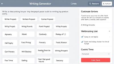 An AI-powered prompt generator interface displaying a variety of writing prompts, genres, and customization options, creating a visually appealing and interactive platform for writers seeking inspiration and creativity.
