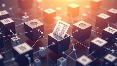 An artistic illustration of interconnected blockchain blocks forming a secure and transparent network, with accounting documents flowing through the blocks, symbolizing trust and verification in financial transactions.