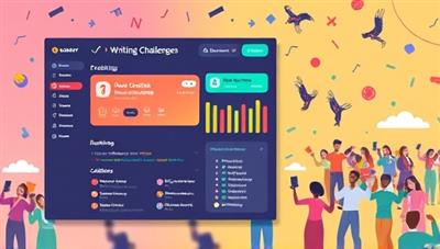 A vibrant and dynamic visual representation of the online writing challenges platform, featuring an interactive dashboard with upcoming challenge announcements, participant rankings, and a lively community forum buzzing with creative energy and collaboration.
