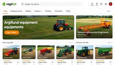 An online marketplace interface showcasing a variety of agricultural equipment available for rent, with clear images, rental rates, and user reviews, creating a seamless rental experience for farmers and agricultural workers.