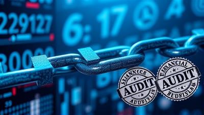 An artistic representation of interconnected blockchain blocks forming a secure chain, overlaid with financial data and audit stamps, symbolizing trust and transparency in financial audits through blockchain technology.