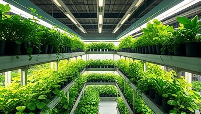 An artistic representation of a multi-level indoor farm with lush greenery growing under LED lights in a controlled environment, showcasing the futuristic and sustainable approach of vertical farming in urban spaces.