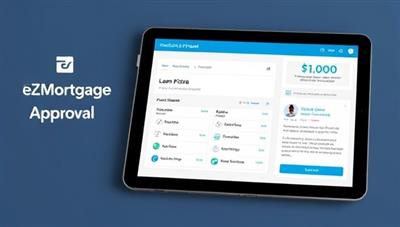 A modern and sleek mortgage application interface on a tablet screen, displaying a progress bar, loan options, and a chatbot for customer support, showcasing convenience and efficiency in the digital mortgage approval process through EZMortgage Approval.
