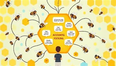 An imaginative illustration of a vibrant virtual hive with interconnected bees representing accounting professionals sharing knowledge and insights, with a central hive hub displaying various accounting topics and discussions, symbolizing collaboration and community learning.