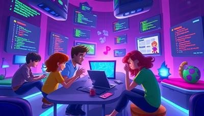 An immersive and colorful game environment with digital characters coding together in a virtual world, surrounded by floating code snippets and gamified challenges, illustrating the interactive and engaging nature of CodeQuest's gamified coding bootcamps.