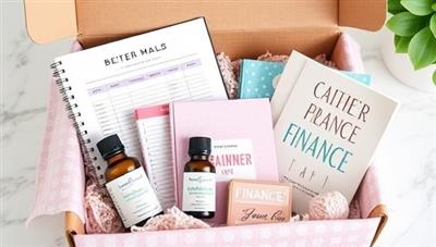An aesthetically designed subscription box filled with financial wellness goodies like a budget planner, calming essential oils, a wellness journal, and a motivational finance book, creating a sense of excitement and self-improvement for subscribers.