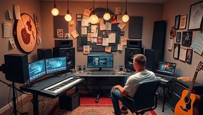An artistic visualization of a virtual music studio setup, featuring digital mixing boards, studio monitors, and soundproofing panels, with a musician collaborating with a remote sound engineer on a music project, surrounded by creative notes, musical instruments, and inspiring decor, capturing the essence of virtual music production through SoundCrafters.